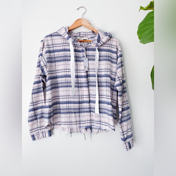 Millibon Stitch & Feather Plaid Pink Distressed Shacket Hoodie Hooded Shirt Boho - Picture 5 of 7
